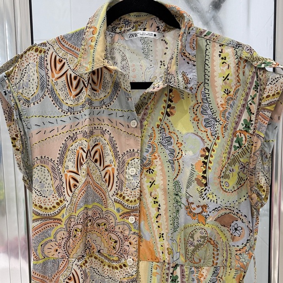 Zara Printed Belted Shirt Paisley sleeveless 100% cotton size large - Picture 5 of 11